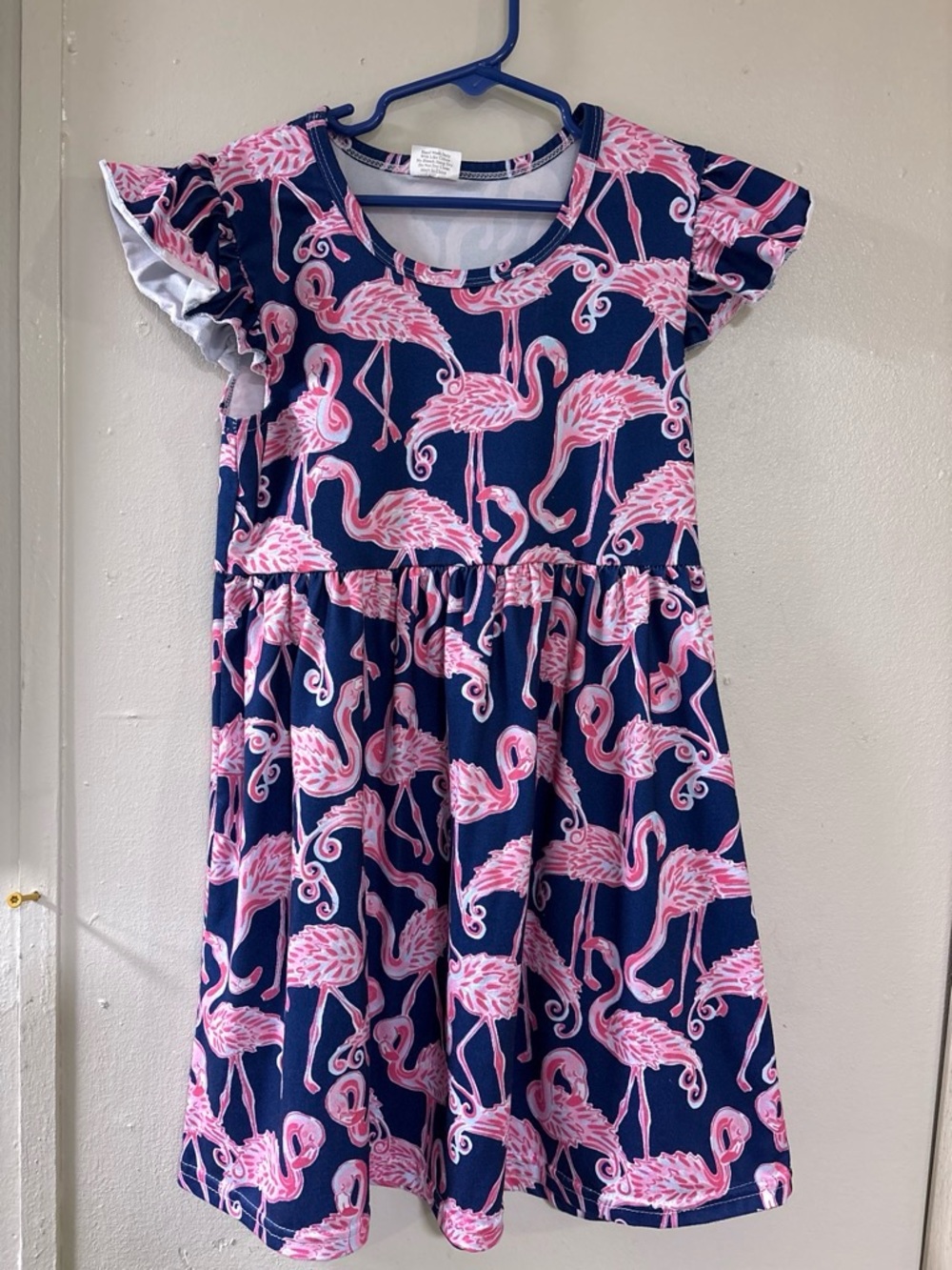 Girls Navy Dress with Pink Flamingo Print - Casual Flutter Sleeve